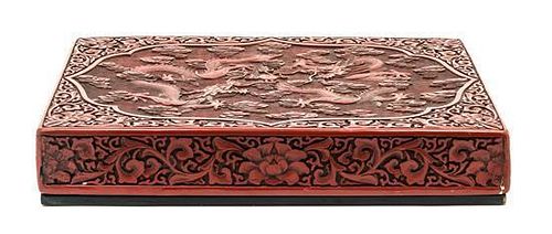A Cinnabar Lacquered Box and Cover Height 2 1/2 x width 15 x depth 11 inches.