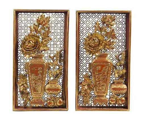 * A Pair of Gilt and Lacquered Pierced Wood Panels, Height 19 3/4 inches.