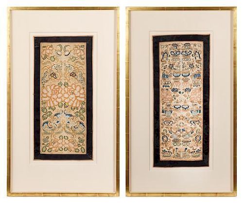 Two Embroidered Silk Panel Height of each panel 22 3/4 x width 9 7/8 inches.