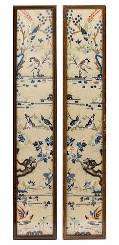 A Pair of Embroidered Silk Rectangular Panels Height 20 5/8 inches.