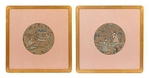 * Two Embroidered Silk Panels Diameter of each 7 1/2 inches.