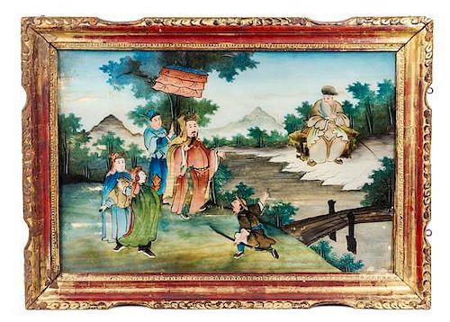 A Reverse Painted Glass Panel Height of image 15 3/4 x width 23 1/2 inches.