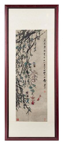 An Ink and Color Scroll Painting on Paper Height 37 7/8 x width 13 inches.