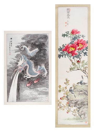 Two Ink and Color Scroll Paintings on Paper Height of larger 50 x width 11 5/8 inches.