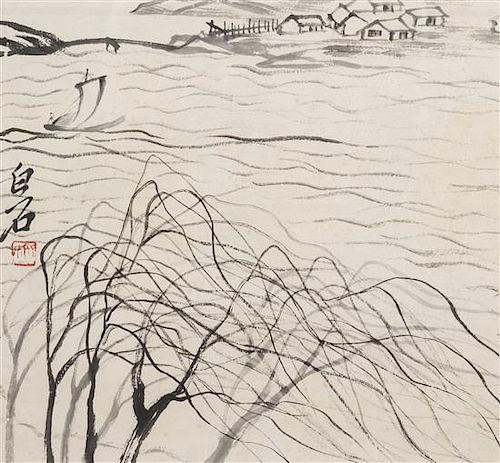 A Chinese Scroll Painting, after Qi Baishi Height of image 12 1/2 x width 13 1/4 inches.