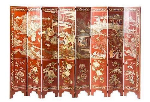 * A Lacquered Eight-Panel Floor Screen Height 66 1/2 x width 12 1/2 (each panel).