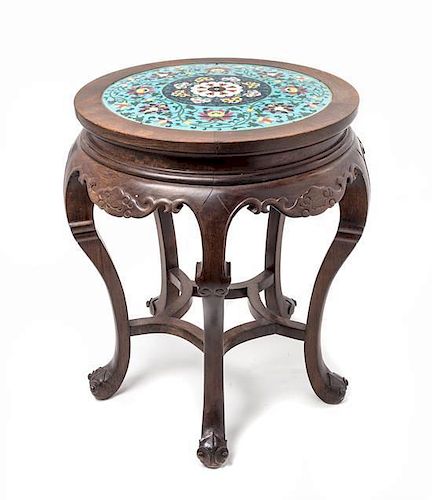 A Cloisonne Inset Rosewood Stool Height 20 x diameter 16 1/2 inches.