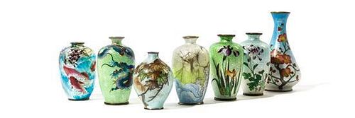 Seven Small Japanese Cloisonne Vases Height of tallest 4 3/4 inches.