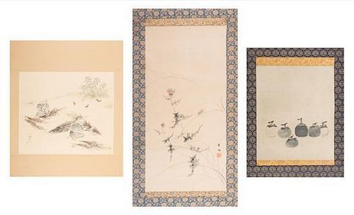 A Group of Three Ink and Color Scroll Paintings on Paper Height of largest 27 x width 12 7/8 inches.