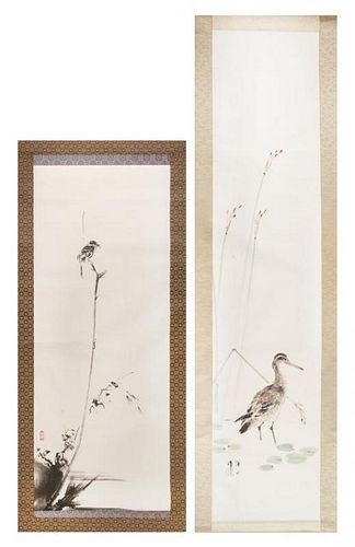 Two Ink and Color Scroll Paintings on Silk Height of larger 53 1/2 x width 11 3/4 inches.