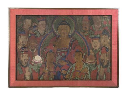 A Korean Buddhist Painting Height 27 x width 39 1/2 inches.