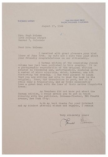 Thomas Mann Typed Letter Signed