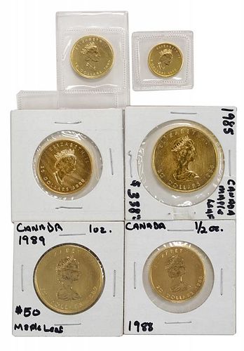 Six Canadian Maple Leaf Gold Coins