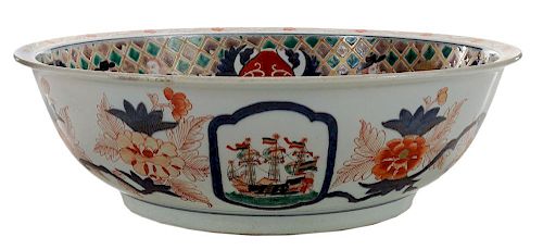 Large Imari Black Ship Punch Bowl