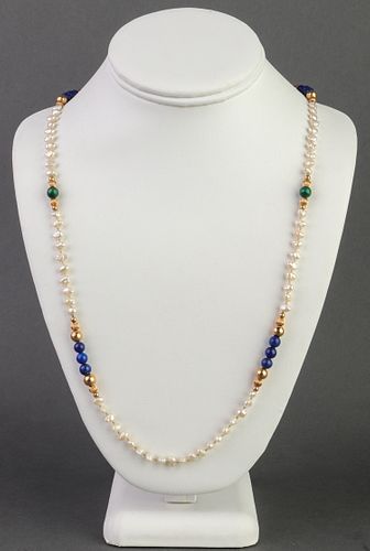 14K Yellow Gold Pearl Lapis & Malachite Necklace