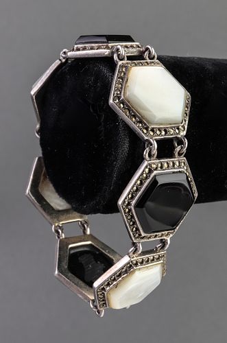 Art Deco Onyx, MOP, & Marcasite Silver Bracelet