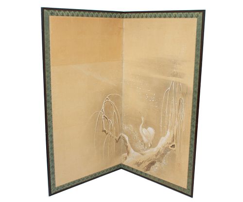 Japanese Gouache on Paper Folding Floor Screen