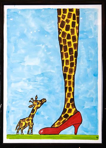 Jonas Lautrop "Giraffe and Woman's Leg" Watercolor