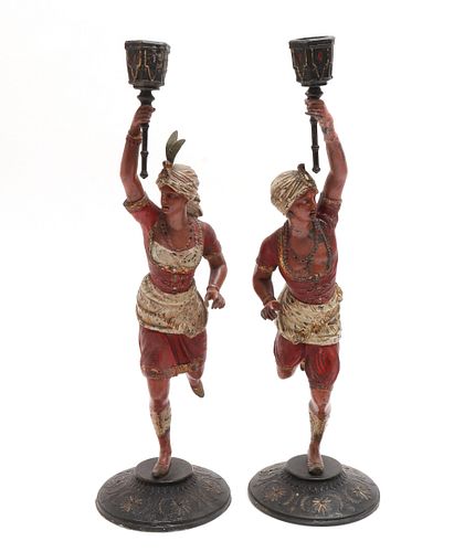 Orientalist Painted Metal Figural Candlesticks, Pr