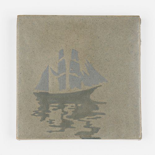 Marblehead Pottery, trivet tile with schooner