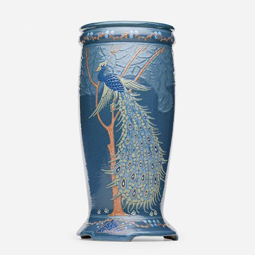 Frederick Hurten Rhead for Roseville Pottery, umbrella stand with peacock