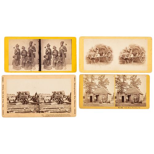 Four Stereoviews with African American Subject Matter, Incl. Chimney Sweeps and the Arrival of Former Enslaved People at a Union Camp