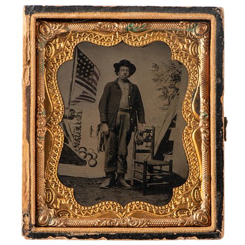 Sixth Plate Tintype Featuring African American Soldier with Stylized Patriotic Backdrop