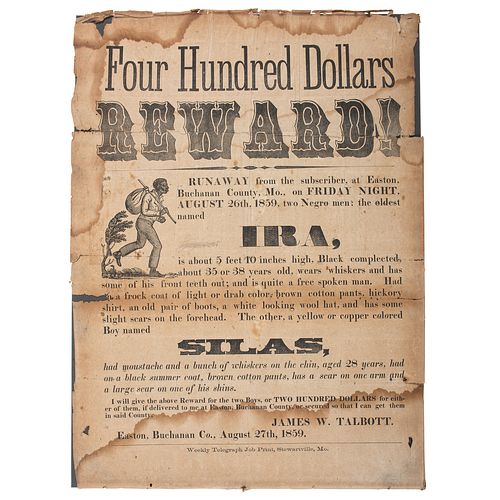 Illustrated Reward Broadside for Enslaved Runaway, Easton, Missouri, 1859
