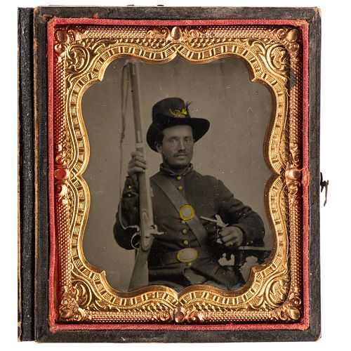 Sixth Plate Tintype of a Double-Armed Infantry Private Wearing a Plumed Hardee Hat