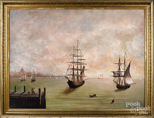 American oil on canvas harbor scene, mid 19th c.