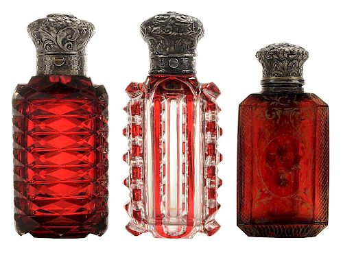 Three Gold Ruby Glass Smelling Bottles