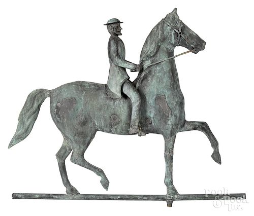 Swell bodied copper horse and rider weathervane