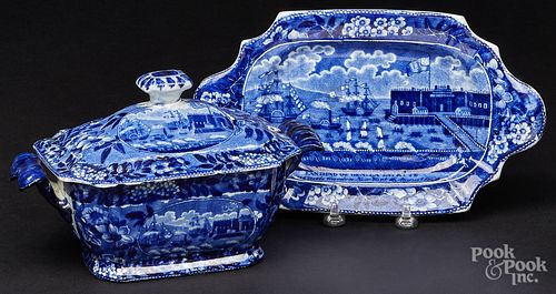 Historical blue Staffordshire tureen and tray