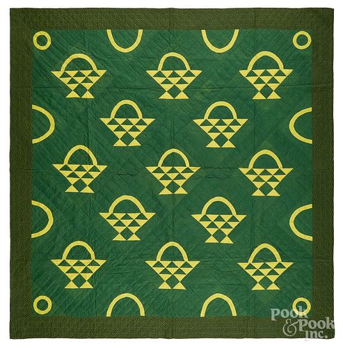 Green and yellow basket quilt, ca. 1900