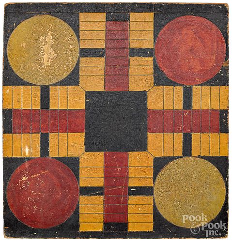 Painted pine Parcheesi gameboard, late 19th c.