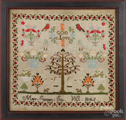 Wool on linen Adam and Eve sampler, dated 1845