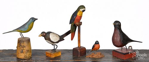 Five folk art carved and painted birds