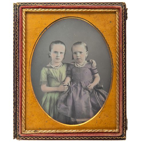 Striking Quarter Plate Daguerreotype of Young Sisters by Moissenet, New Orleans, Plus