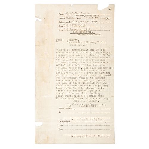 Airship ZR-1 USS Shenandoah Crew Member Commendation from Secretary of Navy, October 1924, Signed by Lt. Commander Zachary Lansdowne