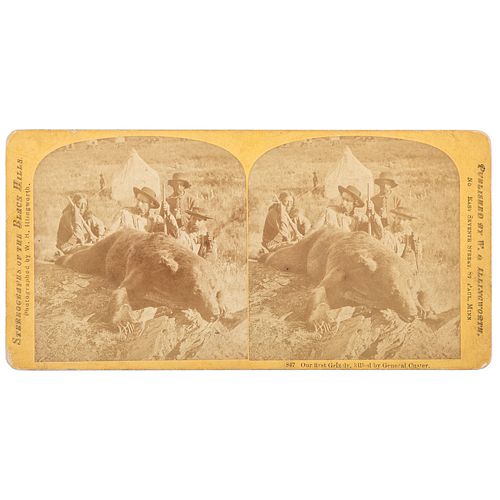 George A. Custer with Grizzly Bear, Stereoview by W.H. Illingworth