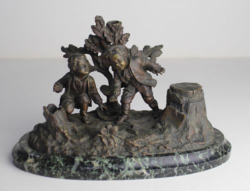 Early Bronze Figural Inkwell on Marble Base