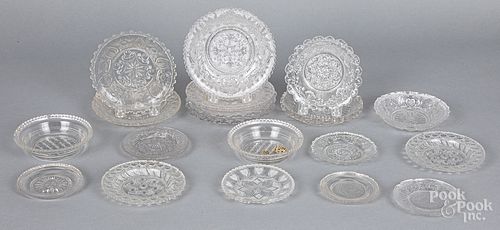 Lacy glass cup and toddy plates, small bowls, etc