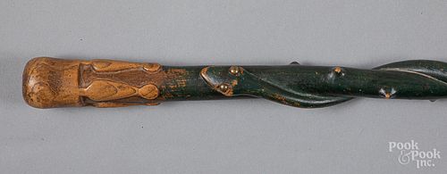 Carved and painted snake cane, ca. 1900