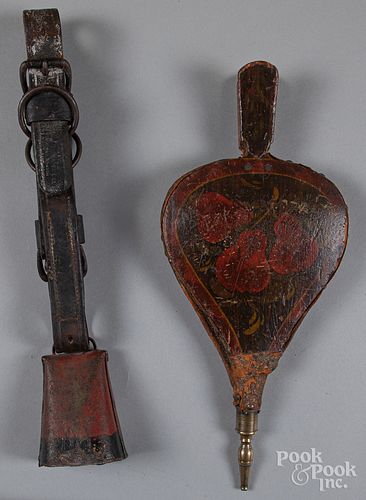 Painted bellows, 19th c., together with a cowbell