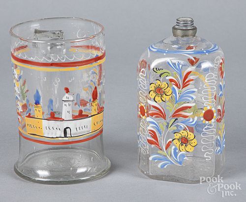 Stiegel type enamel decorated glass flask and mug