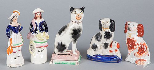 Five Staffordshire animals and figures