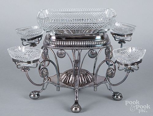 Silver plated and cut glass epergne