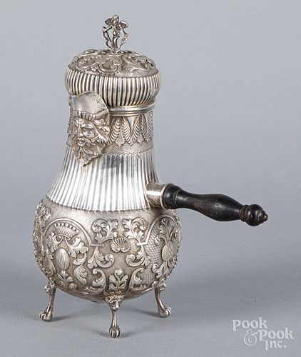 Dutch repousse silver chocolate pot, 19th c.