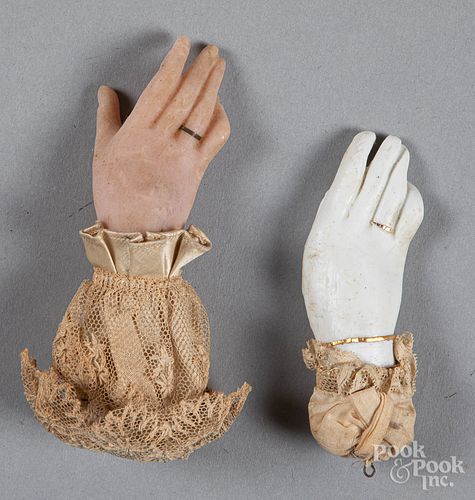 Two wax hand and lace Christmas ornaments