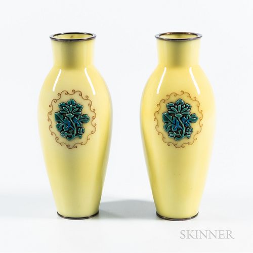 Pair of Small Yellow Moriage Cloisonné Vases